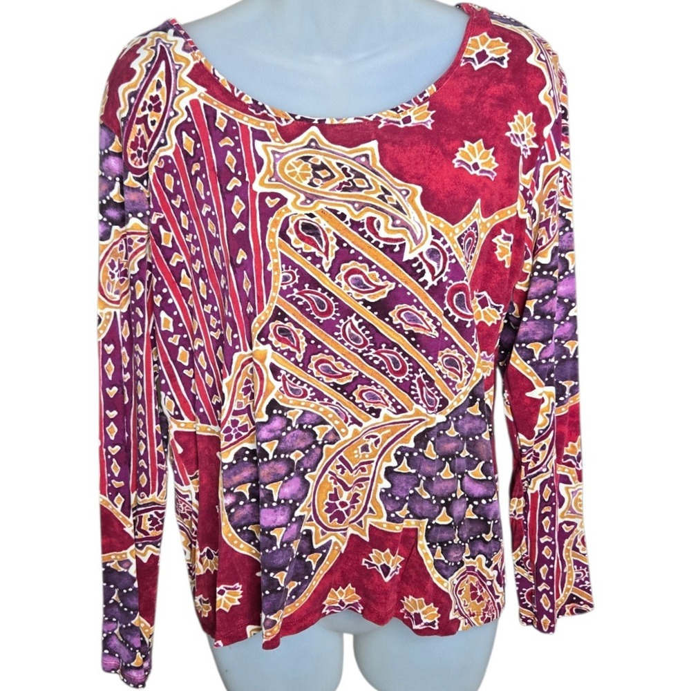 Chicos Womens Boho Artsy Top Size Large Paisley Funky Eclectic Stretch Rayon